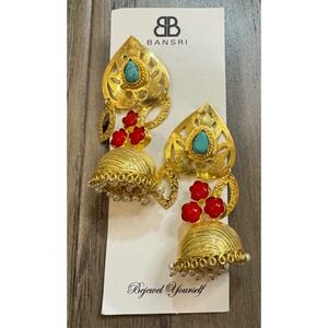 NEW Bansri Gold Tone Jhumka Earrings Turquoise Red Coral Pearl Dangle Style OS